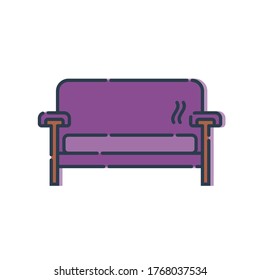Cómodo sofá con una almohada. Imagen de un sofá en línea de estilo artístico. Mobiliario de elementos en el interior. Moderno y elegante objeto de relajación. Ilustración plana con ajuste sobre fondo blanco. Vector.