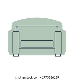 Comfortable sofa with one pillow. Image of couch in line art style. Element furniture of the interior. Modern stylish object for relaxation. Flat illustration with settee on shape background. Vector.