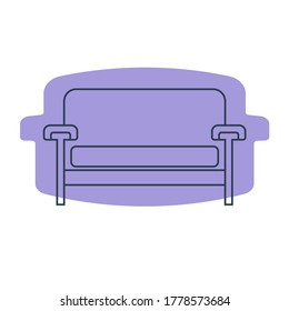 Cómodo sofá con una almohada. Imagen de un sofá en línea de estilo artístico. Mobiliario de elementos en el interior. Moderno y elegante objeto de relajación. Ilustración plana con ajuste en el fondo de la forma. Vector.