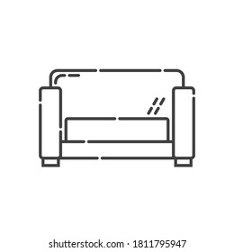 Comfortable sofa with one pillow. Image of couch in line art style. Element furniture of the interior. Modern stylish object for relaxation. Flat illustration with settee on white background. Vector.