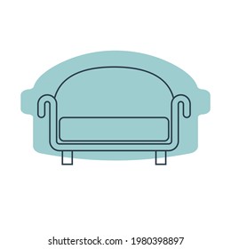 Comfortable sofa with one pillow. Image of couch in line art style. Element furniture of the interior. Modern stylish object for relaxation. Flat illustration with settee on shape background. Vector.