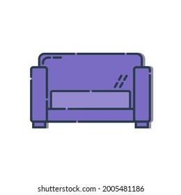 Comfortable sofa with one pillow. Image of couch in line art style. Element furniture of the interior. Modern stylish object for relaxation. Flat illustration with settee on white background. Vector.