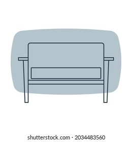 Comfortable sofa with one pillow. Image of couch in line art style. Element furniture of the interior. Modern stylish object for relaxation. Vector flat illustration with settee on shape background.