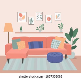 Comfortable sofa with pillow, bookcase and house plants. Vector flat illustration