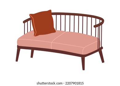 Comfortable sofa with pillow in retro scandinavian style. Soft furniture for cozy home decoration. Hand drawn colored vector illustration isolated on white background. Modern flat cartoon style.