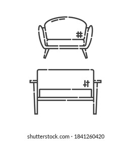 Comfortable sofa with pillow. Two modern stylish object for relaxation. Image of couch in line art style. Element furniture of the interior. Flat illustration with settee on white background. Vector.
