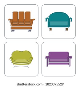 Comfortable sofa with pillows. Image of couch in thin line art style. Element furniture of the interior. Modern stylish object for relaxation. Set flat illustration with settee on white background.