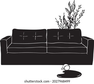 Comfortable sofa retro style. Cup of tea coffee spoiled on the floor. Stay at home concept. Cozy modern interior 