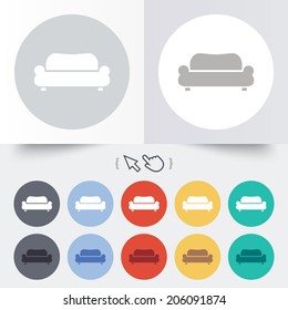 Comfortable sofa sign icon. Modern couch furniture symbol. Round 12 circle buttons. Shadow. Hand cursor pointer. Vector