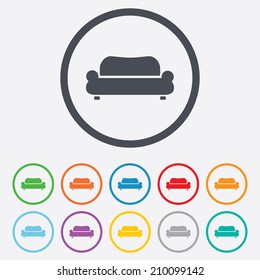 Comfortable sofa sign icon. Modern couch furniture symbol. Round circle buttons with frame. Vector