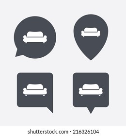 Comfortable sofa sign icon. Modern couch furniture symbol. Map pointers information buttons. Speech bubbles with icons. Vector