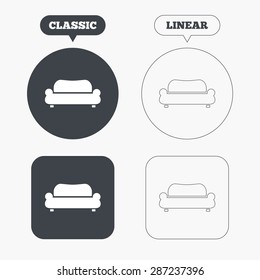 Comfortable sofa sign icon. Modern couch furniture symbol. Classic and line web buttons. Circles and squares. Vector