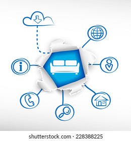 Comfortable sofa and sketch diagrams. Doodle vector illustration. Breakthrough paper hole.