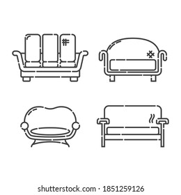 Comfortable sofa with three pillow. Four modern stylish object for relaxation. Image of couch in line art style. Element furniture of the interior. Flat illustration with settee on white background.
