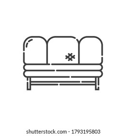 Comfortable sofa with three pillow. Image of couch in line art style. Element furniture of the interior. Modern stylish object for relaxation. Flat illustration with settee on white background. Vector