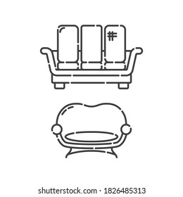 Comfortable sofa with three pillow. Two modern stylish object for relaxation. Image of couch in line art style. Element furniture of the interior. Flat illustration with settee on white background.
