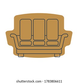 Comfortable sofa with three pillows. Image of couch in line art style. Element furniture of the interior. Modern stylish object for relaxation. Flat illustration with settee on shape background. 