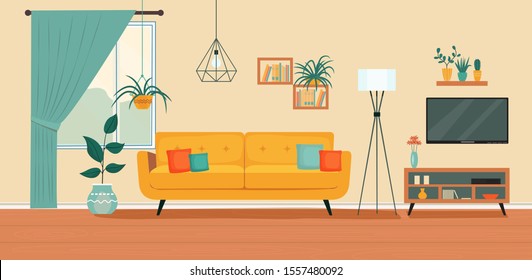 Comfortable sofa, TV,  window and house plants. Vector flat illustration