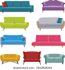 Comfortable Sofas Collection, Cozy Domestic or Office Furniture, Modern Interior Design Flat Vector Illustration