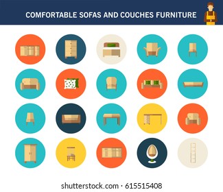 Comfortable sofas and couches furniture concept flat icons.