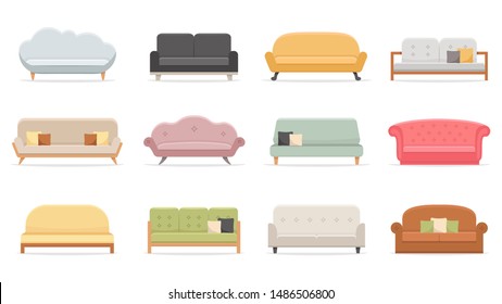 Удобные диваны. Роскошный диван для квартиры, удобные модели диванов и современные домашние диваны. Домашняя мягкая мебель, уютные роскошные модные диваны. Плоский вектор изолированные иллюстрации набор иконок