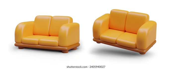 Comfortable straight sofa with high soft armrests. Upholstered furniture for bedroom, living room. Set of objects in different positions. Creative illustration in realistic style