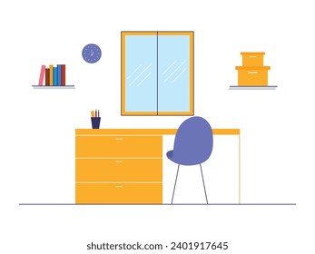 A comfortable student study room at home, with a table, chairs, window, books, clock and pencil case. Character design. Vector flat illustration