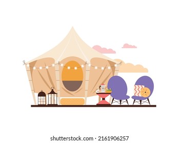 Comfortable tent for glamping with furniture, flat vector illustration isolated on white background. Cartoon teepee tent for summer holidays outdoors. Luxury camping concept.