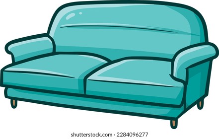 Comfortable tosca green big sofa with cartoon illustration