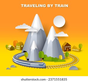 Afiche vectorial isométrico del tren con diseño de ilustración vectorial de montaña. Excursión turística, viaje de negocios por ferrocarril, aventura ferroviaria a través de la cresta de monte