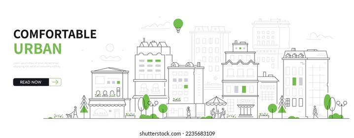 Comfortable urban space - modern thin line design style vector banner on white background. Composition with facade of city buildings. Exterior, street, district and modern architecture idea