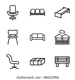 comfortable vector icons. Set of 9 comfortable outline icons such as sofa, garden bench, office chair, bench, chair