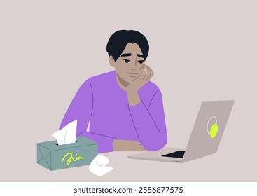 In a comfortable and warm environment, a person reflects on their feelings during an online psychotherapy session, with tissues close by for tears and a laptop open for connection