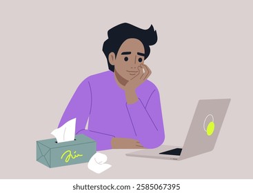 In a comfortable and warm environment, a person reflects on their feelings during an online psychotherapy session, with tissues close by for tears and a laptop open for connection