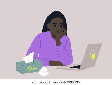 In a comfortable and warm environment, a person reflects on their feelings during an online psychotherapy session, with tissues close by for tears and a laptop open for connection