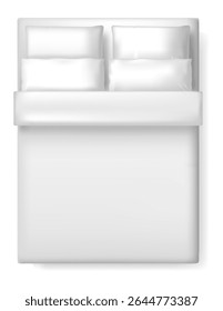 Comfortable white bedsheet and four plush pillows creating a serene bed setting, inviting restful sleep. Isolated on a clean white background with a subtle shadow, viewed from above