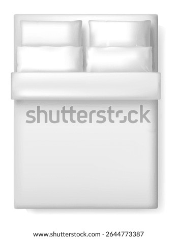 Comfortable white bedsheet and four plush pillows creating a serene bed setting, inviting restful sleep. Isolated on a clean white background with a subtle shadow, viewed from above