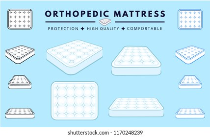 Comfortable White double mattress for sleeping in all positions set. Orthopedic soft mattress. High-quality modern sprung latex, foam, soft bed for comfortable sleep. Flat cartoon vector illustration