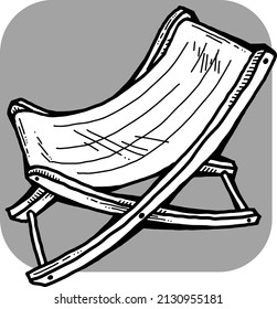 Comfortable wooden folding lounge sun chair for traveller to enjoy sunbath and vacations on the beach near sea. Summer holiday life style. Hand drawn retro vintage vector illustration. Line drawing.