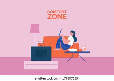 Cómoda ilustración de área de trabajo. Un lugar acogedor para el personaje femenino freelancer en el sofá con portátil es cómodamente ubicado en el espacio vectorial para la relajación.
