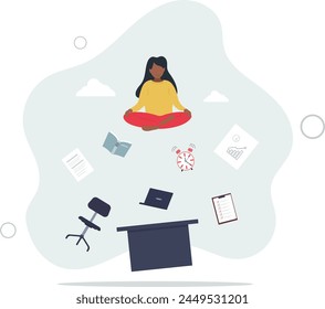 comfortable to work, project management or relax workplace, balance or productivity concept,woman mindfulness meditating.flat vector illustration.