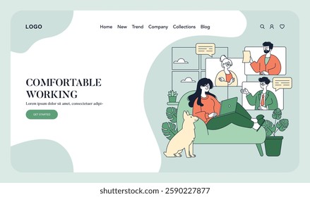 Comfortable Working concept. A illustration representing a relaxed work environment with individuals engaged in virtual meetings, fostering collaboration and productivity. The scene includes a cozy