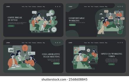 Comfortable working concept. A portrayal of various working environments that promote comfort and collaboration. Inclusive settings showcase relaxed spaces fostering productivity and creativity