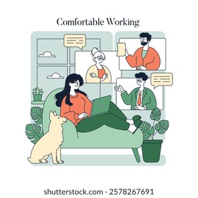 Comfortable Working concept. This illustration represents a modern workspace that emphasizes comfort and remote collaboration. A person works from home, interacting through video calls while