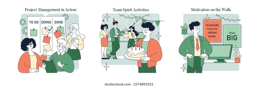 Comfortable Working Context. A collaborative workspace fosters productivity and engagement among team members. Projects are managed effectively, celebrations build camaraderie, and motivational