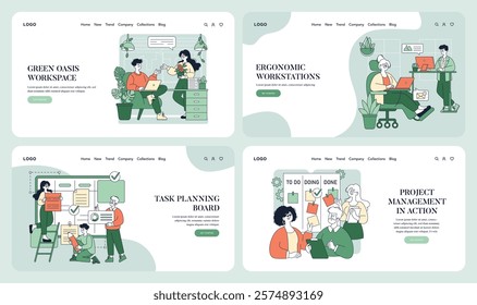 Comfortable working environment series. This illustration features various scenes that promote ergonomic workspaces and effective task management strategies. It emphasizes collaboration, organization