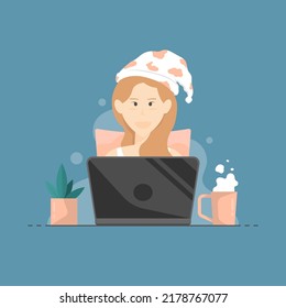 Comfortable working at home, Woman sitting on chair with laptop, Digital marketing illustration.