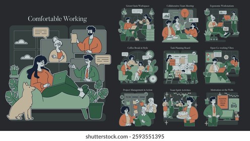 Comfortable Working illustration. A modern workspace promotes productivity and collaboration. Features include cozy settings, ergonomic designs, teamwork, and breaks. Adapting environments for optimal