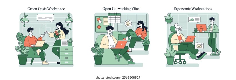 Comfortable Working Illustration Set. This set captures ideal working environments focusing on greenery and ergonomics. Features include cozy workspaces, vibrant co-working spaces, and adjustable