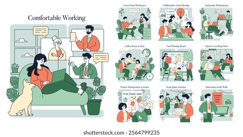 Comfortable Working illustration. This composition captures various aspects of a modern workspace designed for comfort and productivity. It highlights collaboration, ergonomics, breaks, and